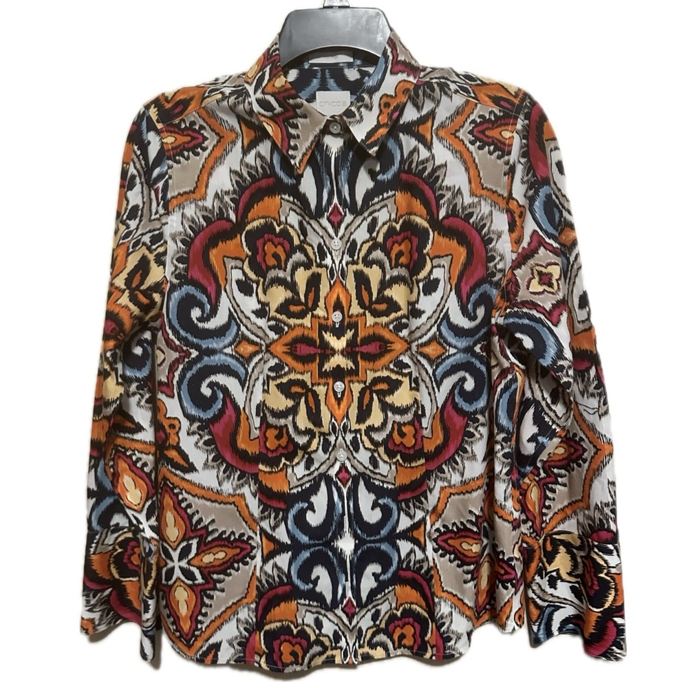 Chicos No-Iron Button Down Ikat Scroll shirt size 0 EUC